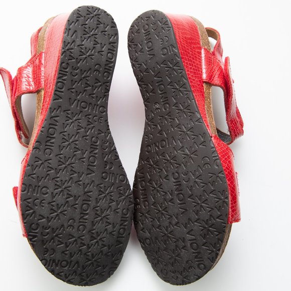 Vionic Natasa Sandals Patent Leather Snakeskin Wedge Open Toe Comfy Red Size 7 - Picture 7 of 9